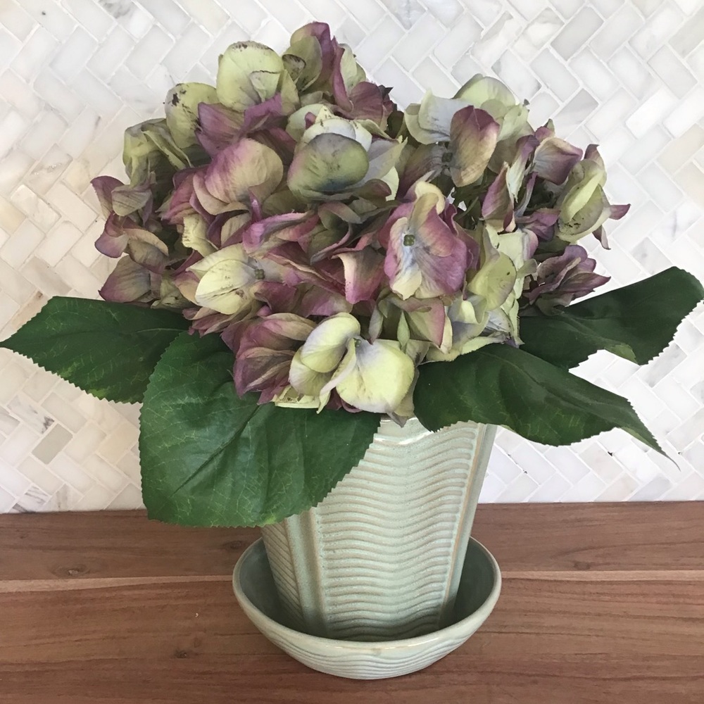 Faux Floral In Glass Planter With Saucer